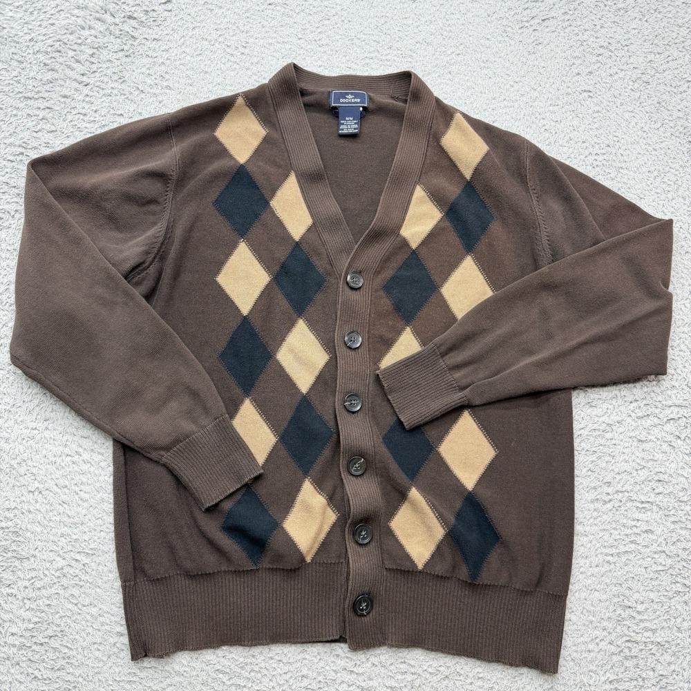Dockers Argyle Cardigan Sweater Mens M Slim Fit Brown Button Up GrandpaCore